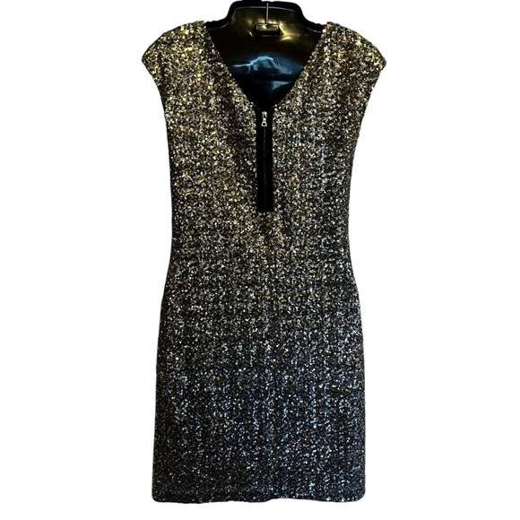 RED Saks Fifth Ave Sequin Dress M Gold Silver Sparkle Sheath Party Cocktail Glam - Picture 4 of 10